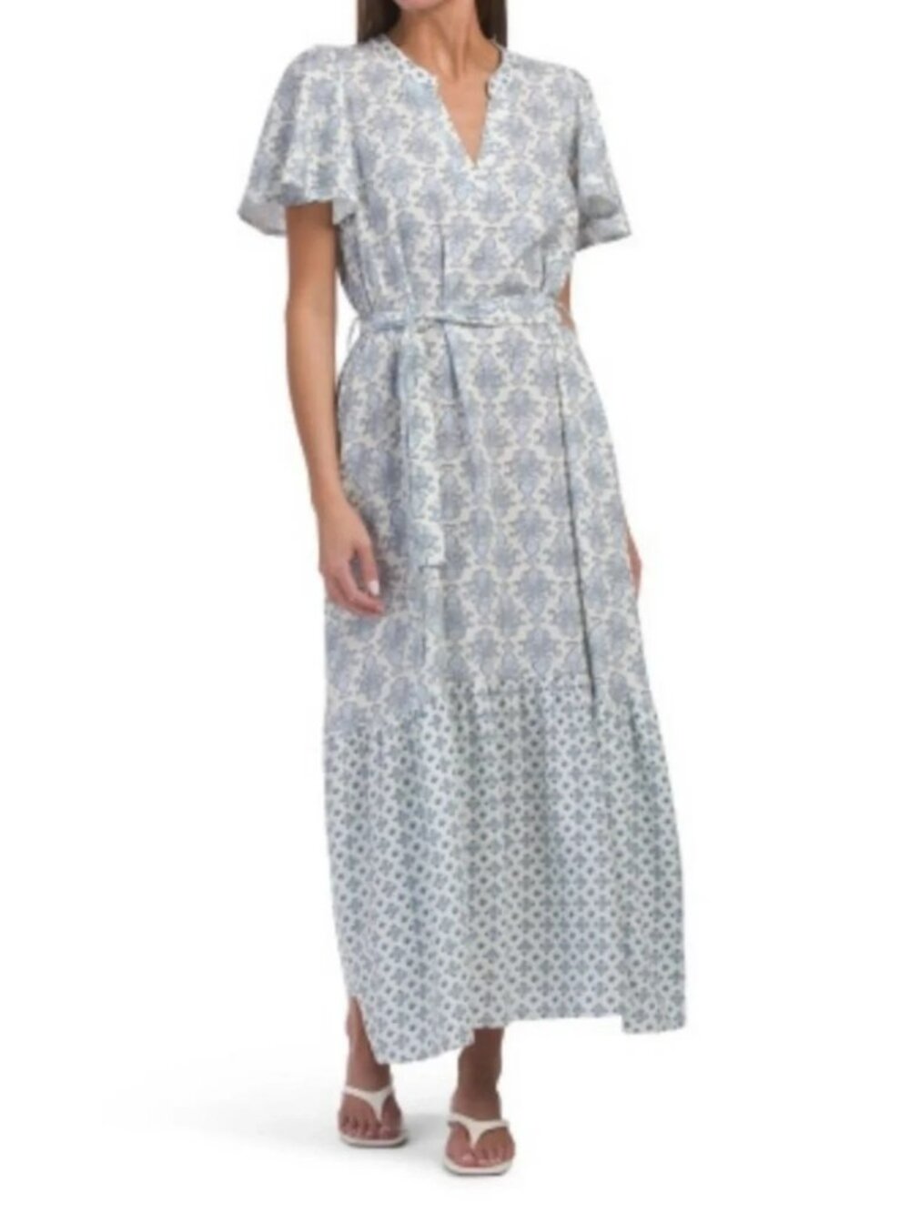 Coastal Boho Beach Linen Blue Cream Floral Mixed Print Maxi Dress Tie Waist (L)